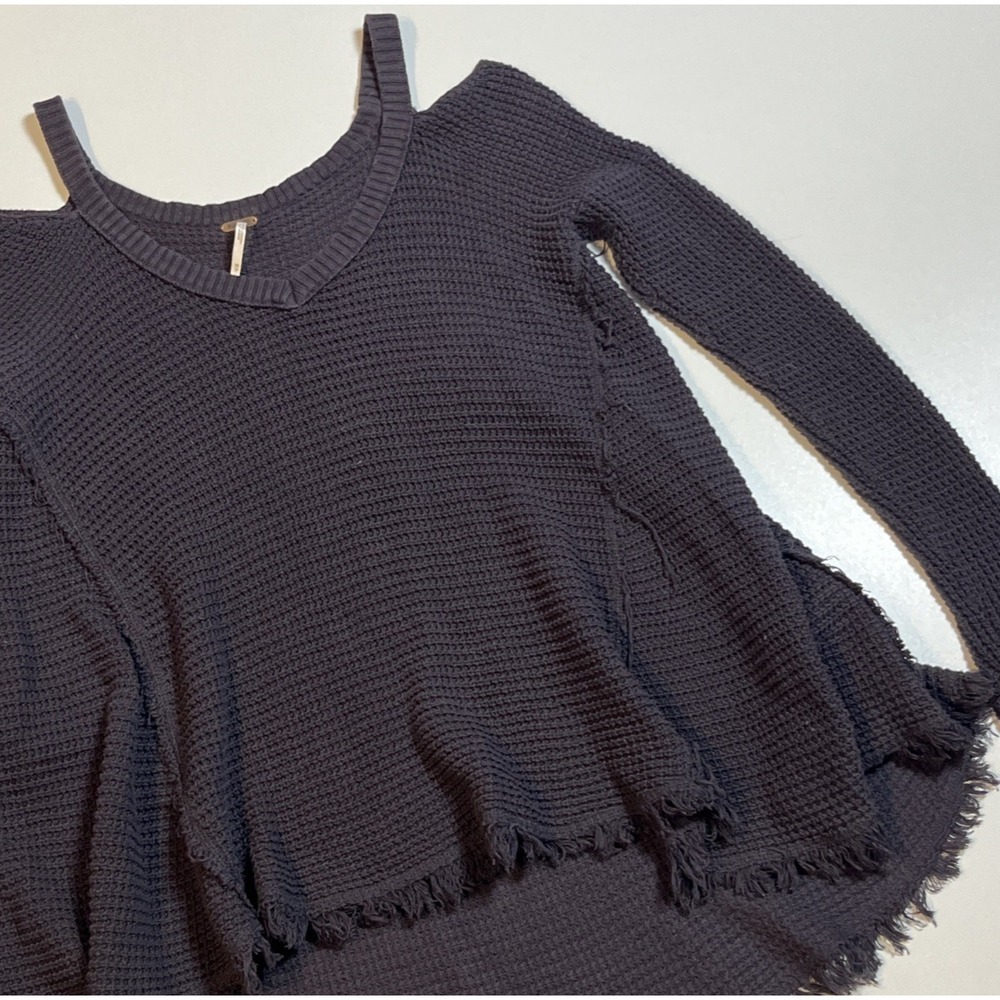 Free People Moonshine Cold Shoulder Waffle Knit Sweater Sz XS Charcoal Blue Top